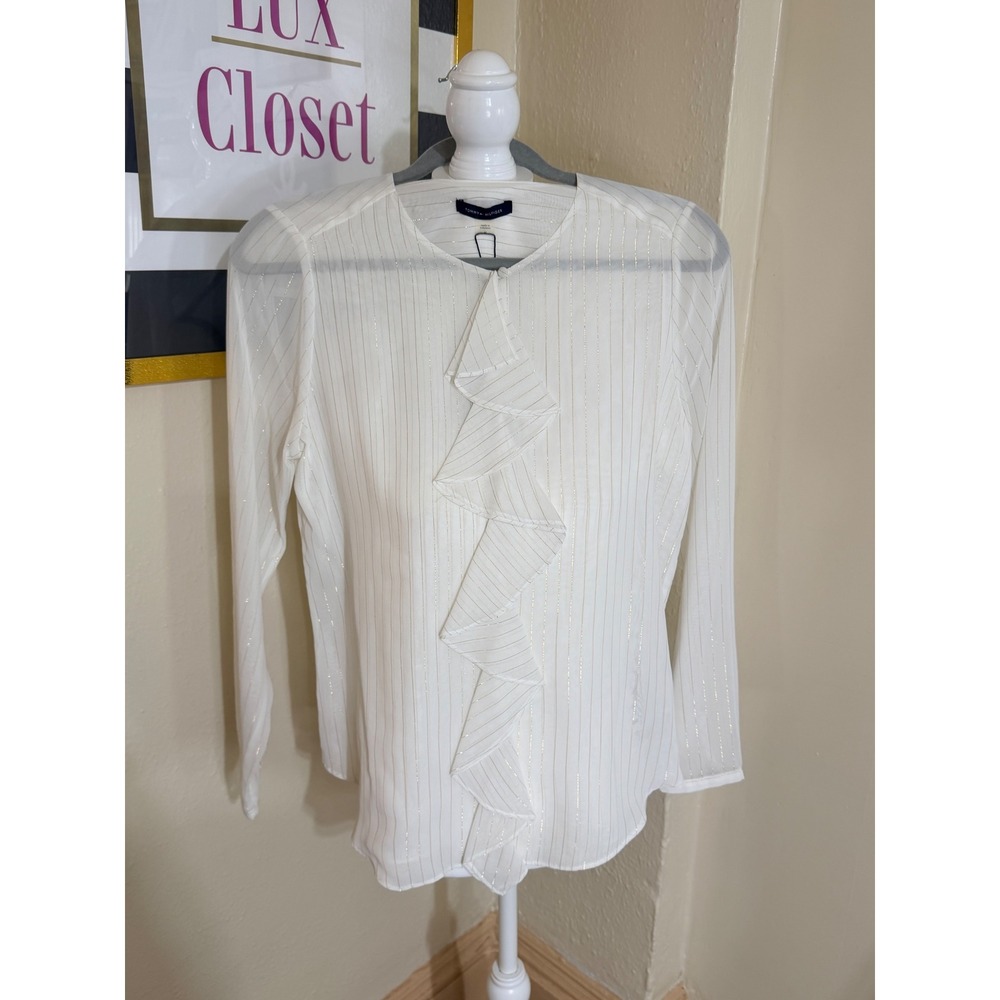 Tommy Hilfiger Womens White Gold Metallic Stripe Ruffle Front Blouse H6NTS105 M